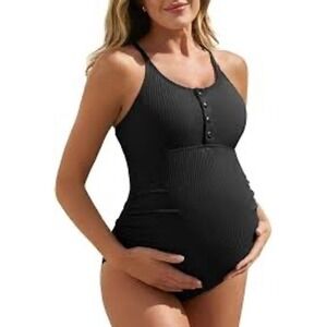 Maternity‎ Black Ribbed One Piece Swimsuit Ruched Shirred Button Detail XL